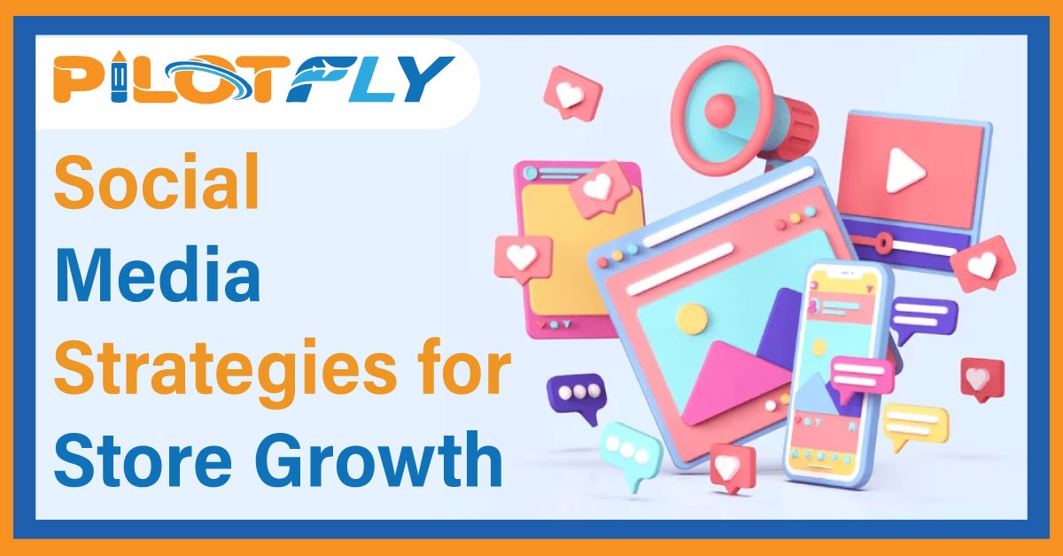 Social media marketing strategy illustration showing online store growth through platforms like Facebook, Instagram, and TikTok.